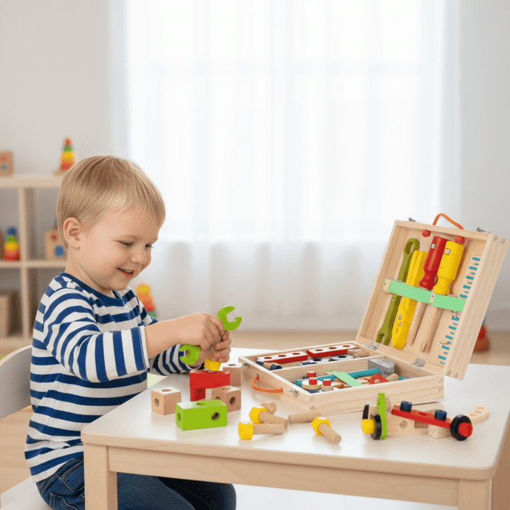 Durable wooden Montessori tool set for toddlers, enhancing building & pretend play skills.