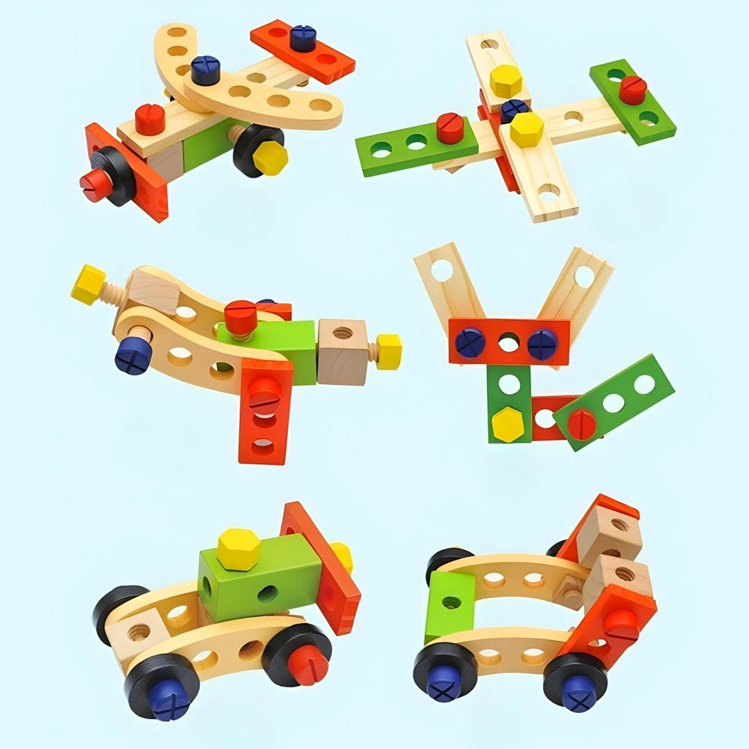 Kids' wooden tool case with hammer, wrench, & screws; perfect for fine motor & early construction skills.