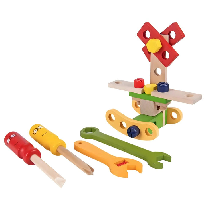 Pretend play wooden tool case for kids, featuring safe tools for early construction & creative building.