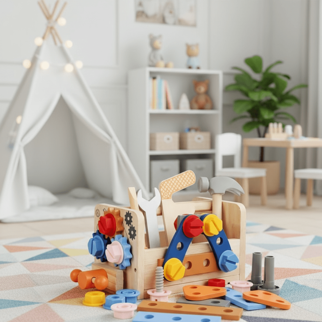 Montessori wooden tool kit for kids; educational toy promoting creative learning & motor skills development.