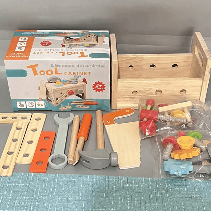Complete wooden tool kit for creative learning; helps kids build concentration, dexterity & practical life skills.