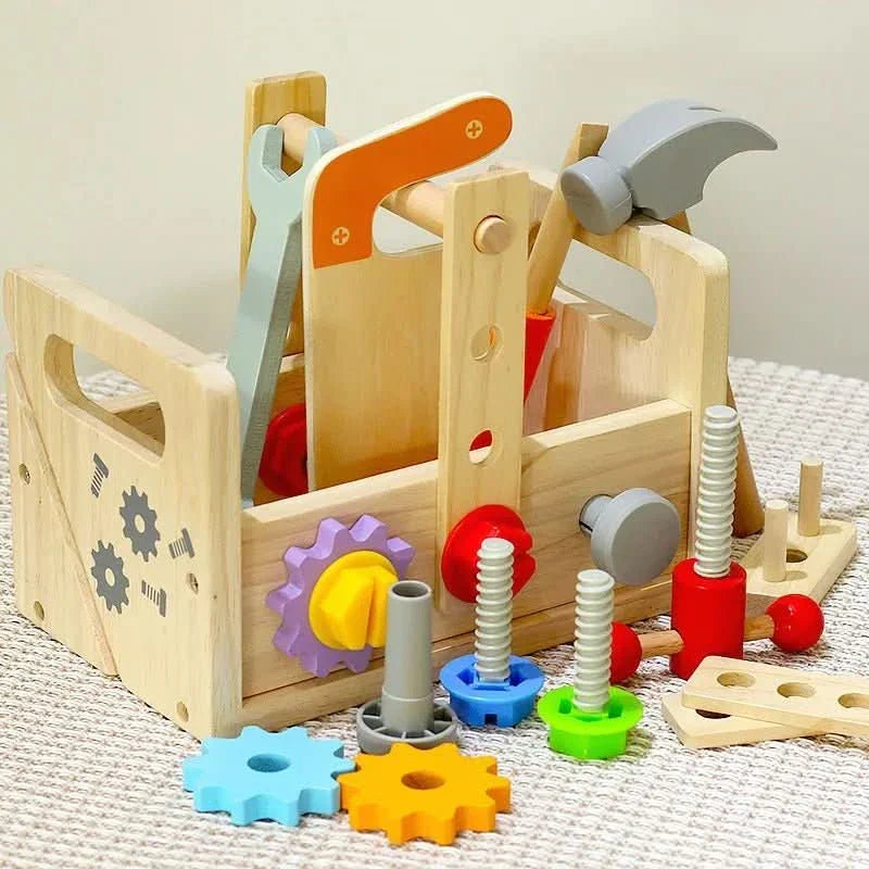 Kids' wooden tool kit with hammer, wrench, screwdriver; aids preschool learning, motor skills & imagination.