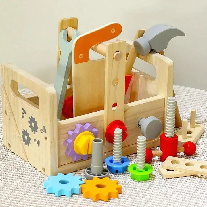 Kids' wooden tool kit with hammer, wrench, screwdriver; aids preschool learning, motor skills & imagination.