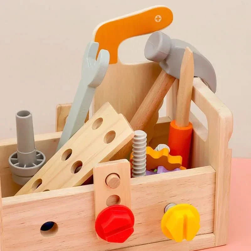 Durable wooden tool kit for children's creative play; enhances fine motor skills & educational development.