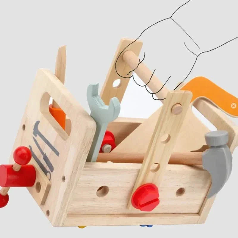 Educational wooden tool kit for kids; includes wooden nuts, bolts & tools for hands-on learning & development.