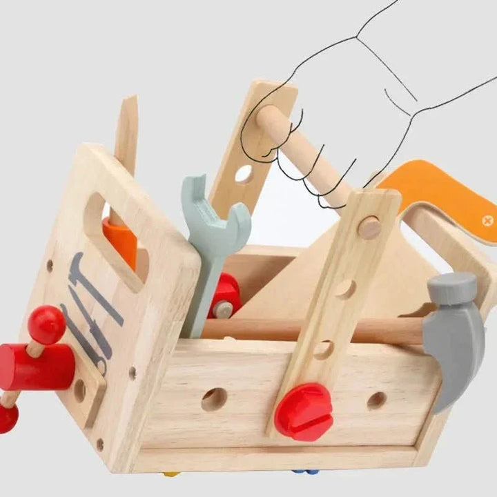 Educational wooden tool kit for kids; includes wooden nuts, bolts & tools for hands-on learning & development.