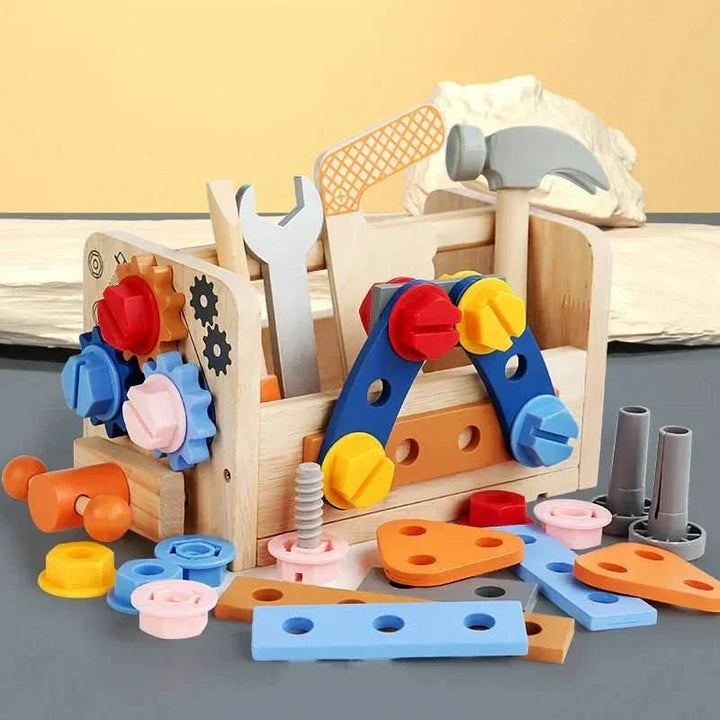 Child-safe Montessori wooden tool kit; fosters independent learning, creativity & essential motor skill development.