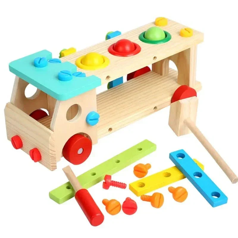 Engaging wooden tool kit for children, featuring workbench, hammer & screws for interactive, creative play.