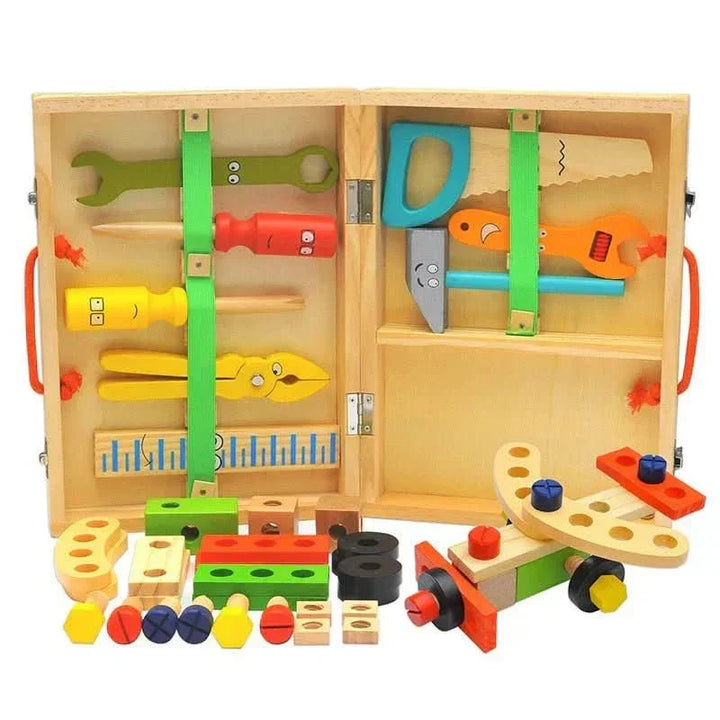 Safe, non-toxic wooden tool set for kids; promotes creative problem-solving and fine motor skill enhancement.