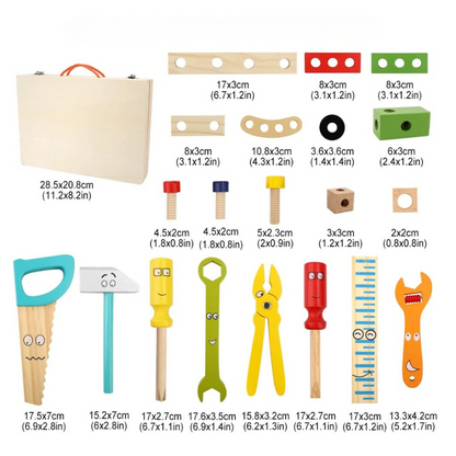 Kids' educational wooden workbench with colorful tools, promoting imagination and fine motor skills for toddlers