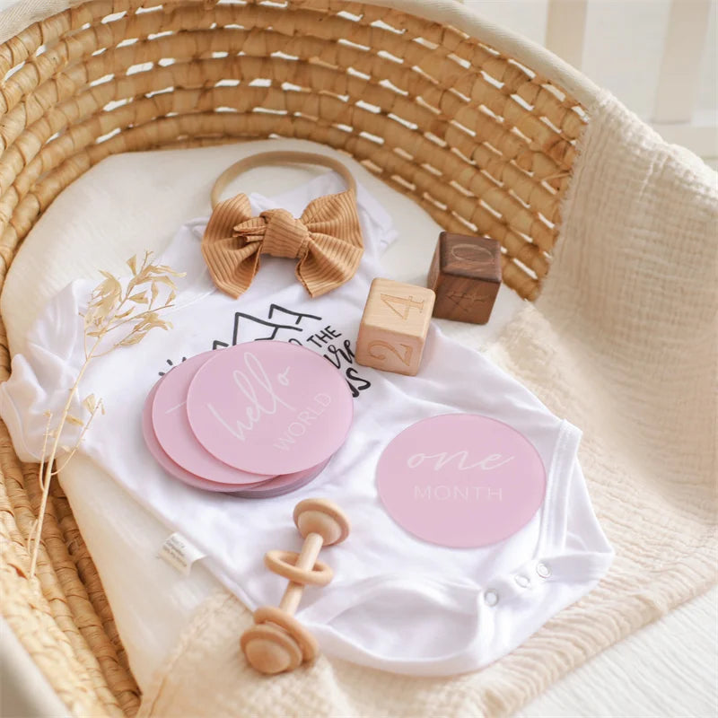 Baby's first year monthly milestone cards made from durable acrylic, keepsake photography props