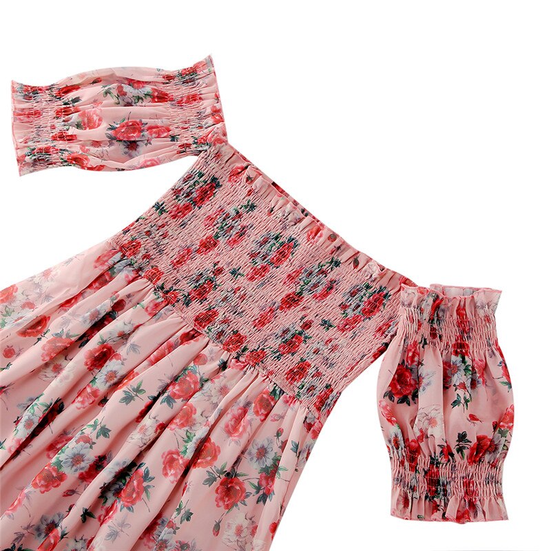 Stylish women's off-shoulder terylene summer dress, part of a mother-daughter matching set.