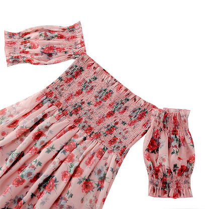 Stylish women's off-shoulder terylene summer dress, part of a mother-daughter matching set.