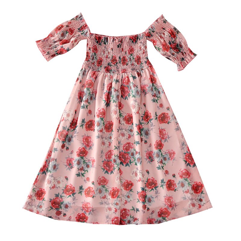 Vibrant floral print off-shoulder terylene summer dresses for women and girls, family matching.