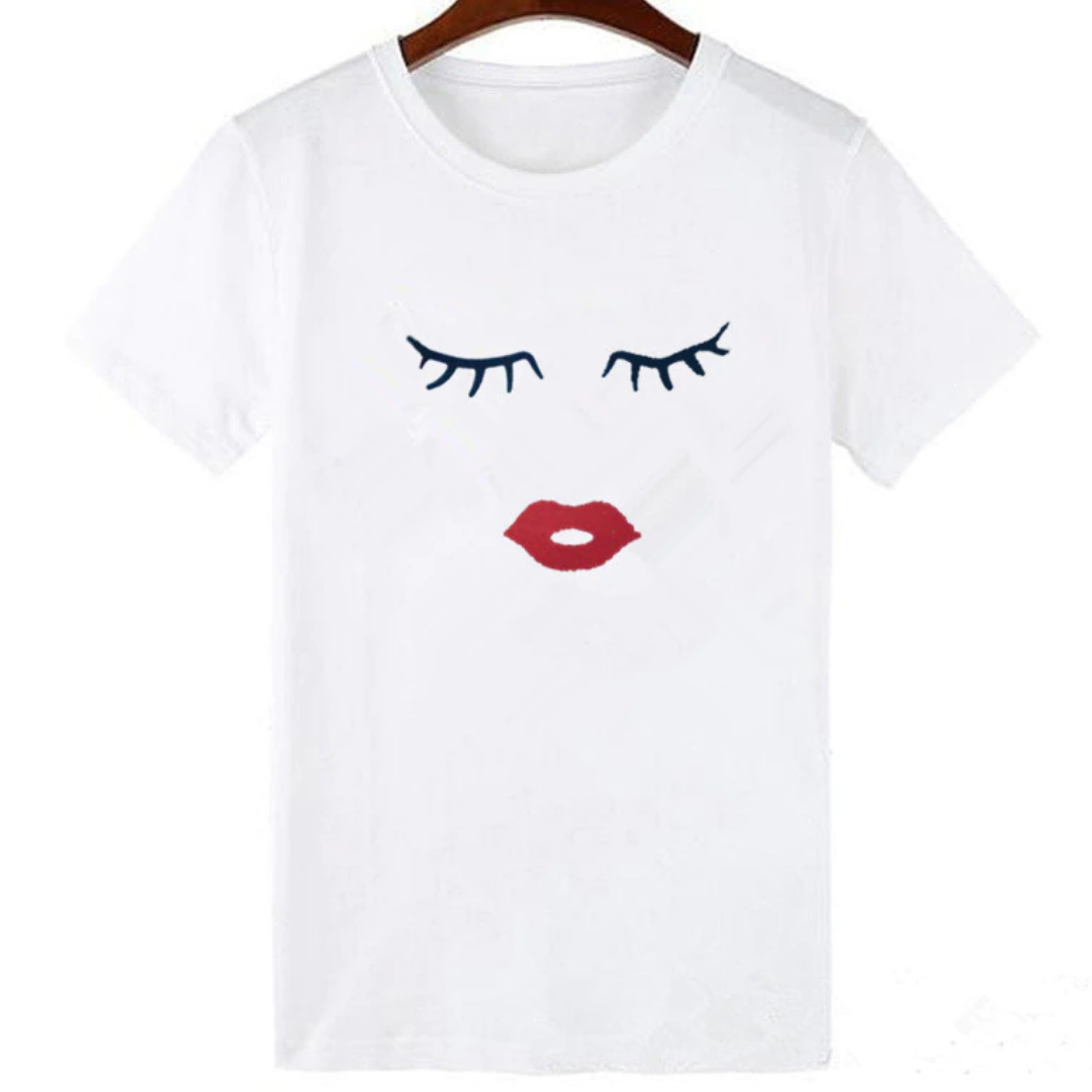 Mommy and me short sleeve t-shirts featuring a stylish red lips and eye lashes graphic, ideal mother daughter outfits.