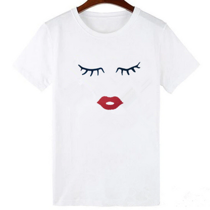 Mommy and me short sleeve t-shirts featuring a stylish red lips and eye lashes graphic, ideal mother daughter outfits.