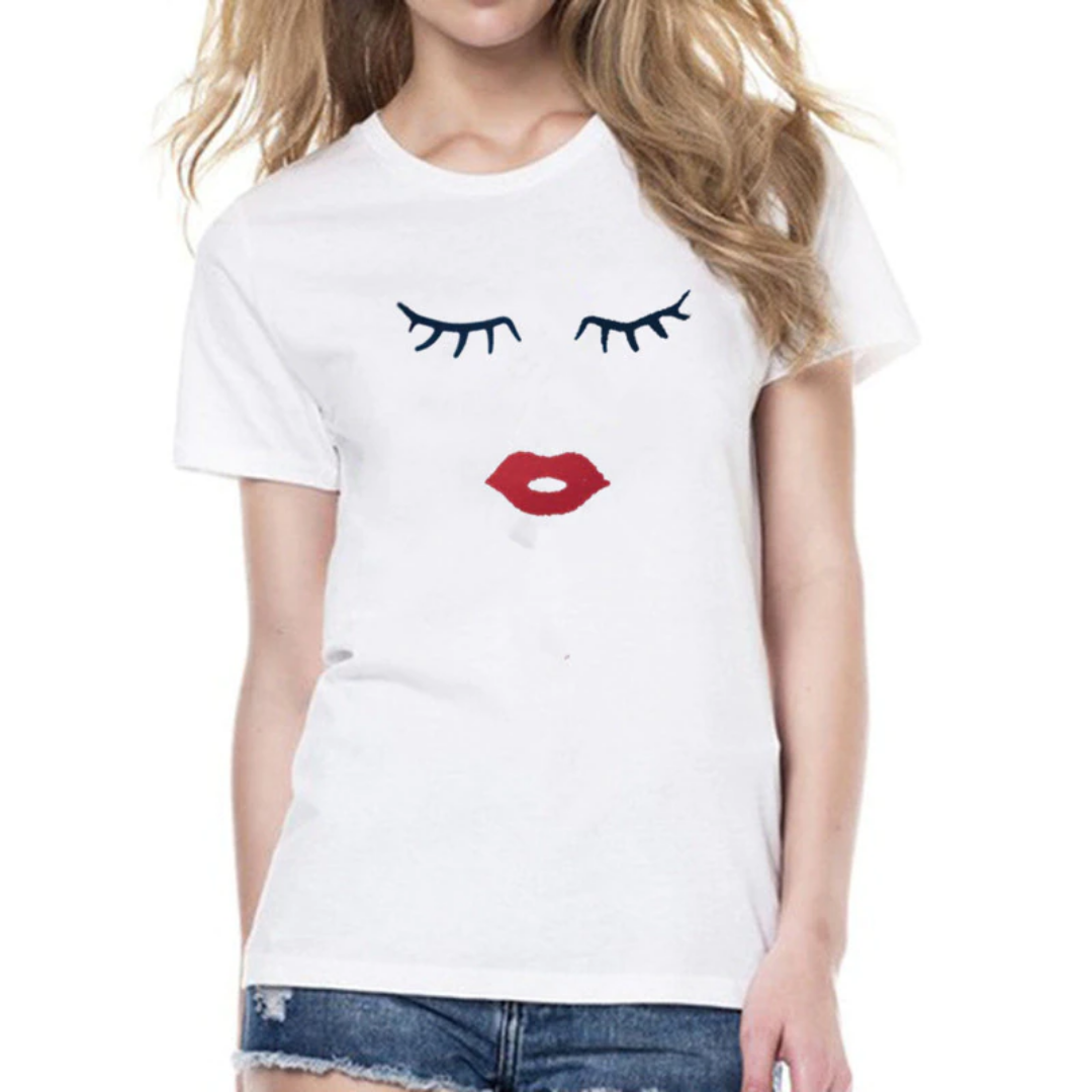 Matching mother daughter gift t-shirt set in white, showcasing a fun red lips and long lashes design for casual wear.