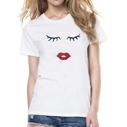 Matching mother daughter gift t-shirt set in white, showcasing a fun red lips and long lashes design for casual wear.