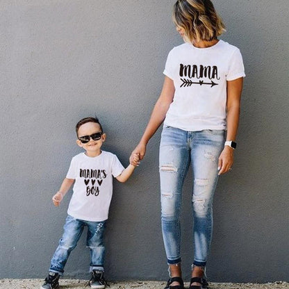 Mother and son in 'Mama's Boy' matching cotton t-shirts, family outfits perfect for photos.