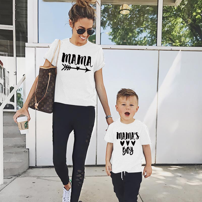 Closeup of 'Mama's Boy' matching mother son t-shirts, ideal casual wear for family bond.