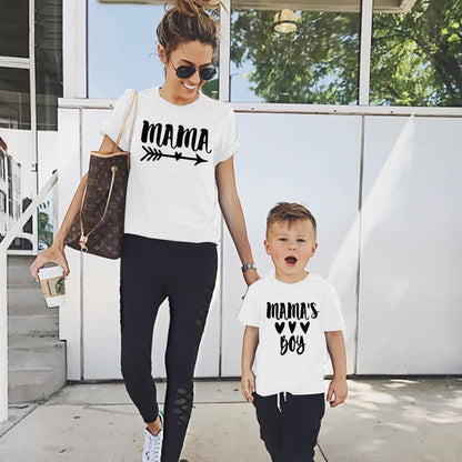 Closeup of 'Mama's Boy' matching mother son t-shirts, ideal casual wear for family bond.