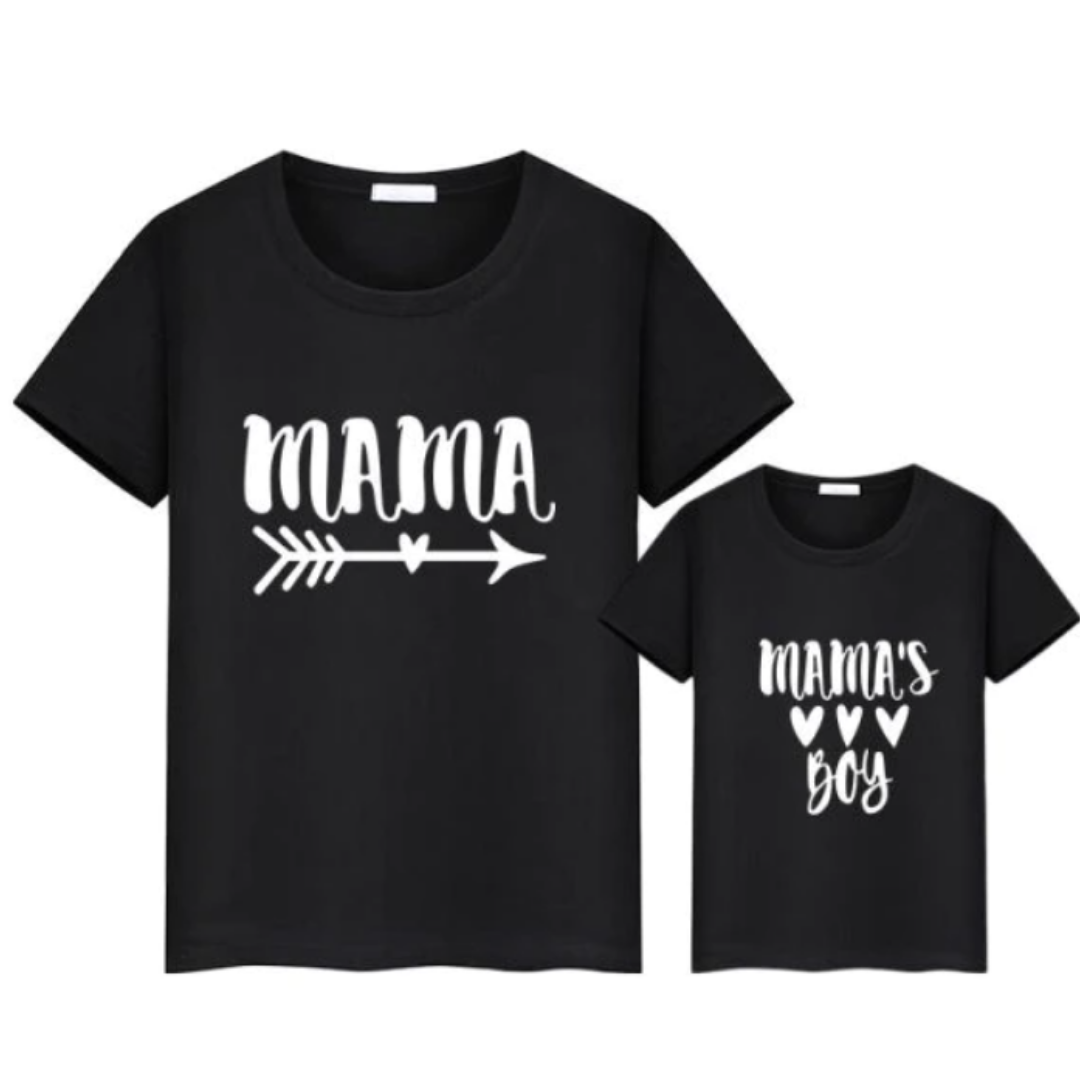 Woman and child posing in 'Mama's Boy' matching t-shirt set, a sweet mommy and me outfit.