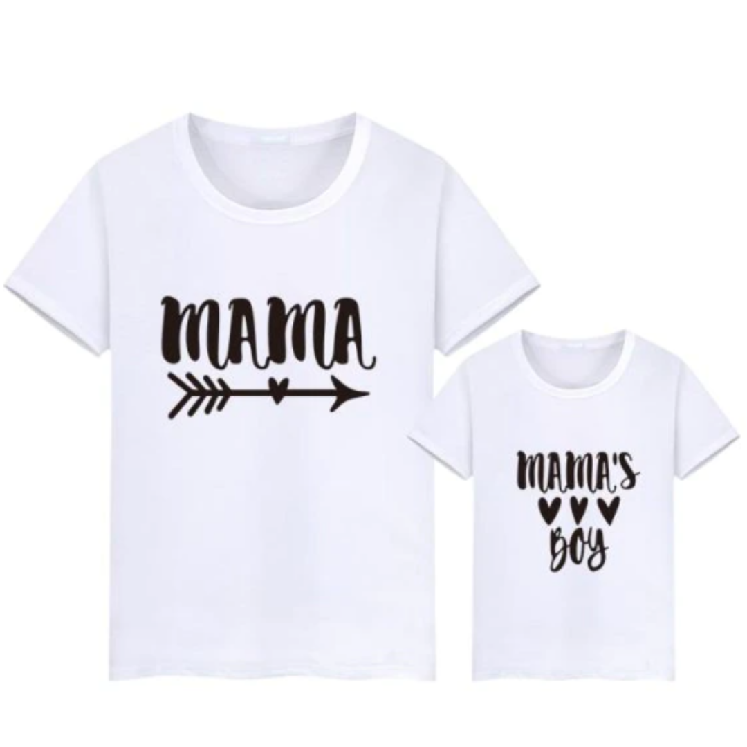 Family photo of mom and son wearing 'Mama's Boy' gender neutral matching cotton t-shirts.