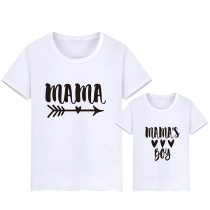 Family photo of mom and son wearing 'Mama's Boy' gender neutral matching cotton t-shirts.