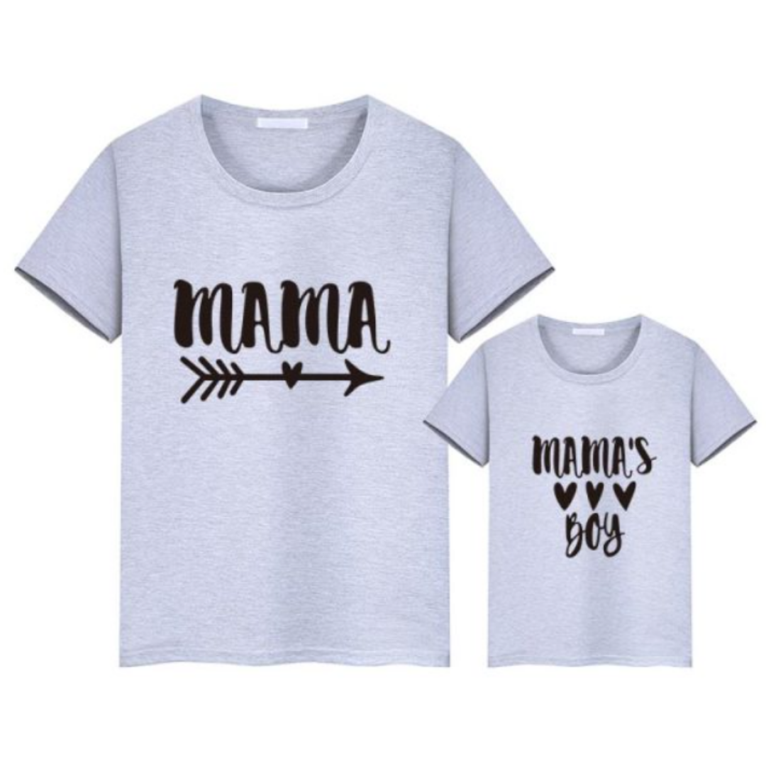 Two white short-sleeved 'Mama's Boy' t-shirts for mother and son, comfortable family apparel.