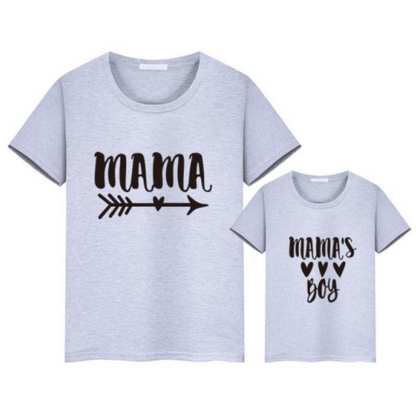 Two white short-sleeved 'Mama's Boy' t-shirts for mother and son, comfortable family apparel.