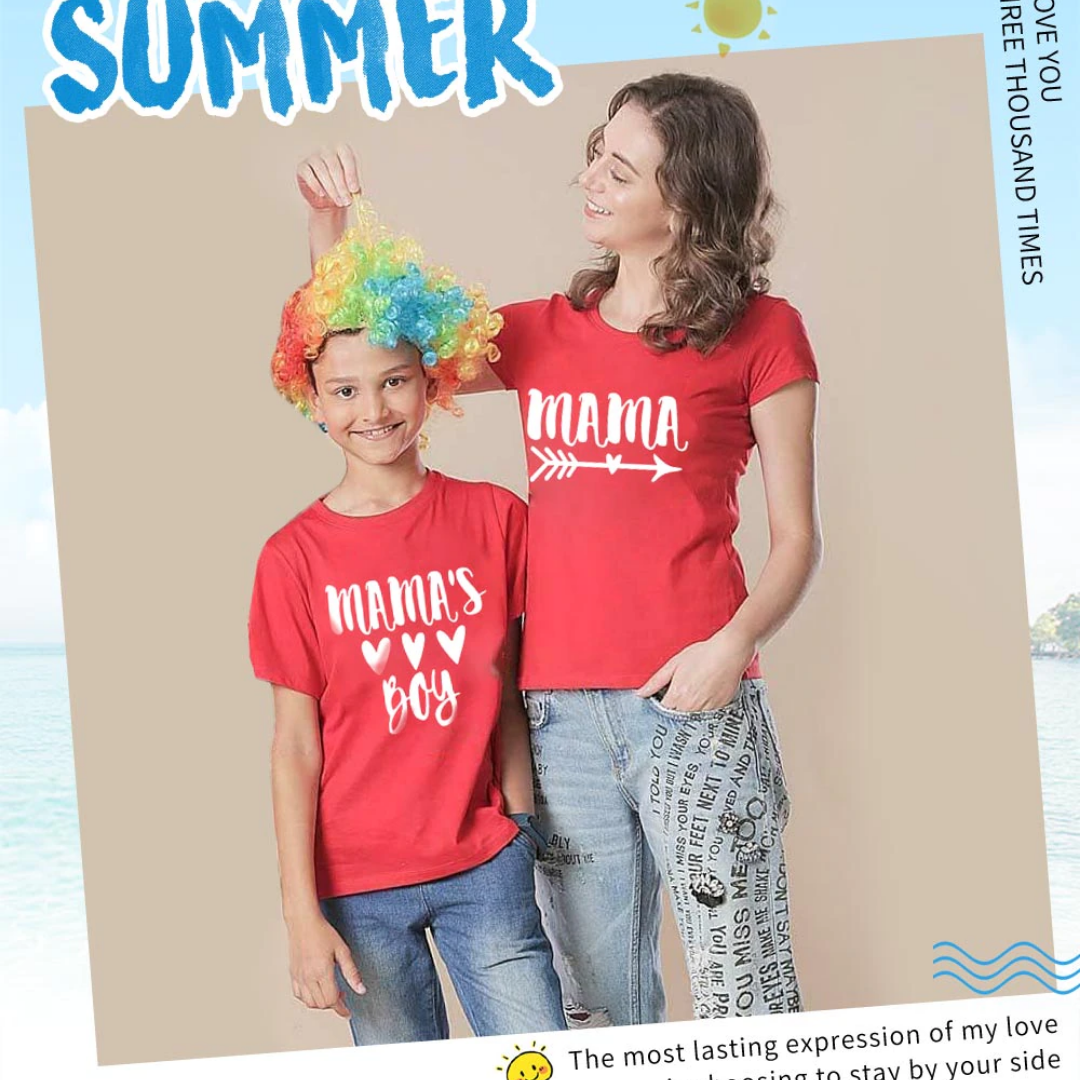 Mom and son in matching 'Mama's Boy' graphic tees, showcasing their special love bond.
