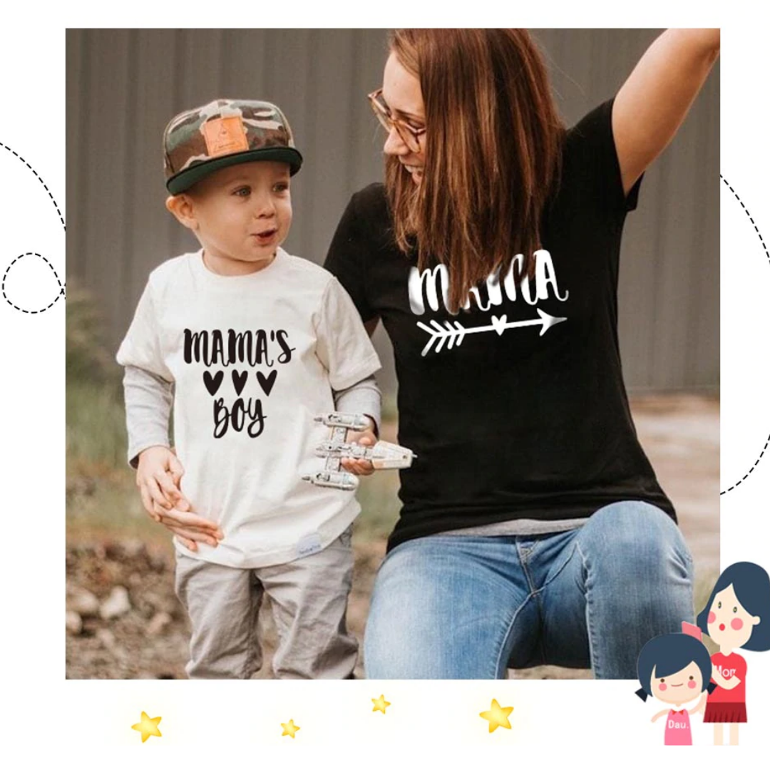 Flat lay of a 'Mama's Boy' women's and kid's matching t-shirt set, casual and cute family outfits.