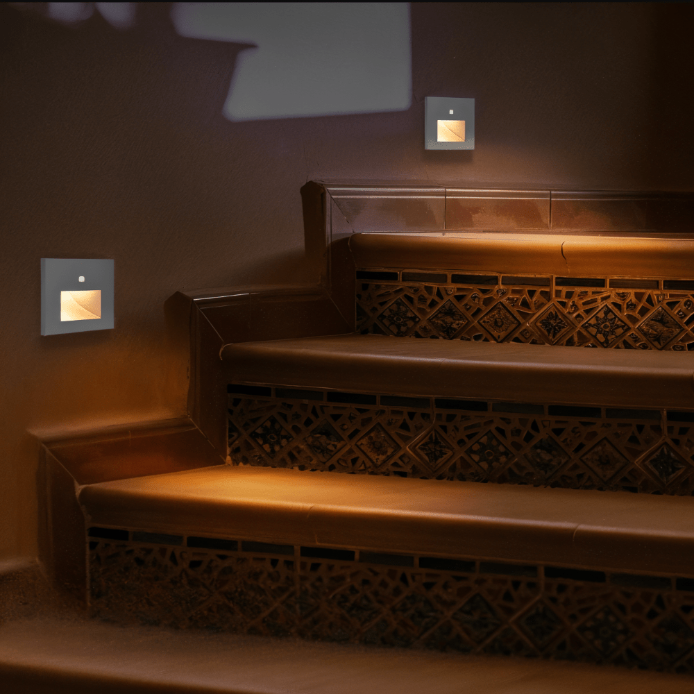 Wireless motion sensor LED light for stairs, providing automatic, soft illumination.