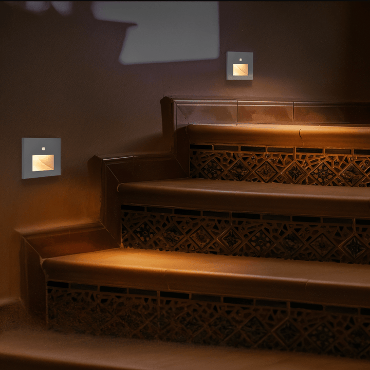 Wireless motion sensor LED light for stairs, providing automatic, soft illumination.