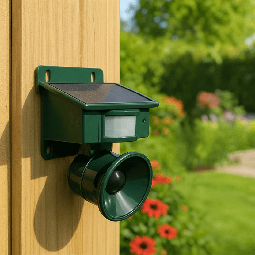 Humane motion sensor bird repeller for effective outdoor pest control & yard guard.