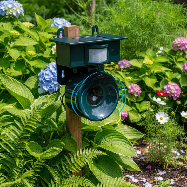 Solar-powered outdoor motion sensor bird deterrent device for easy garden protection.