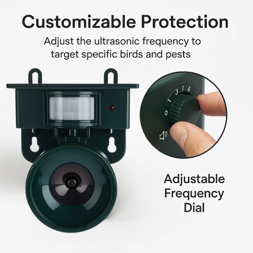 Effective outdoor motion sensor bird deterrent for garden & yard protection, solar-powered.