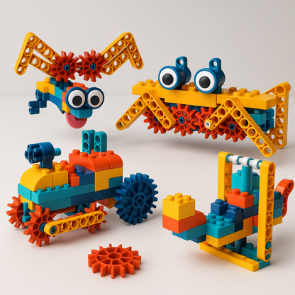Motorized robot building kit for kids with colorful gears, promoting STEM education and creative play