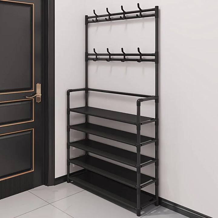Multi-layer entryway organizer coat rack with shoe storage shelf; black steel frame, space-saving design for home.