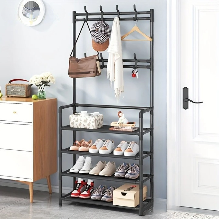 Durable EntryMate multi-layer steel frame coat rack & shoe storage shelf, ideal for hallway & bedroom organization.