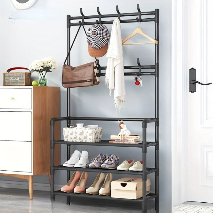 Declutter your entry with this versatile multi-layer coat rack and shoe storage shelf; durable steel frame design.