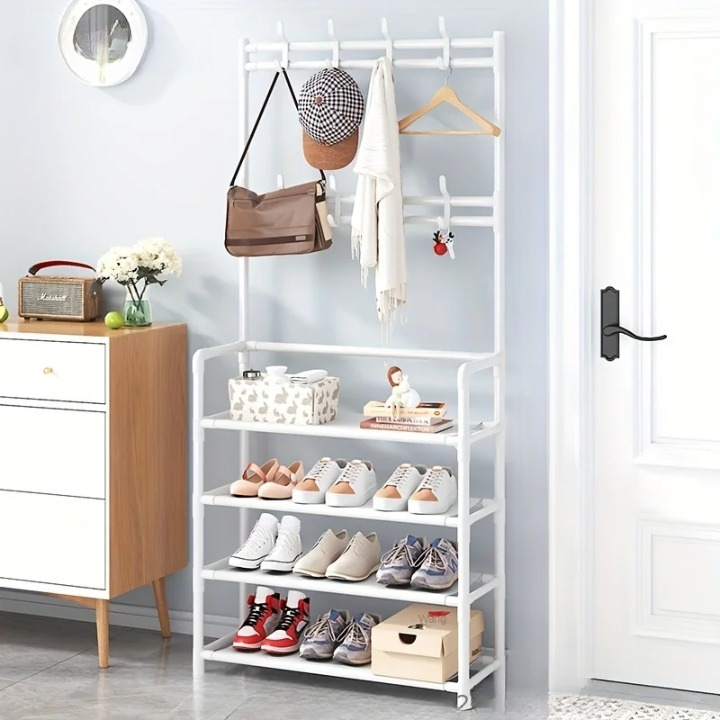 Modern multi-layer coat rack with integrated shoe storage shelf and steel frame, perfect for any organized entryway.
