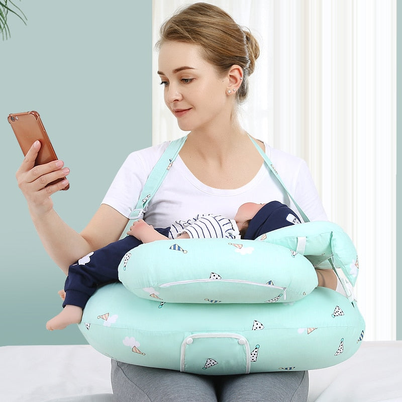 Multifunction baby nursing pillow with headrest support for comfortable breastfeeding, white and gray