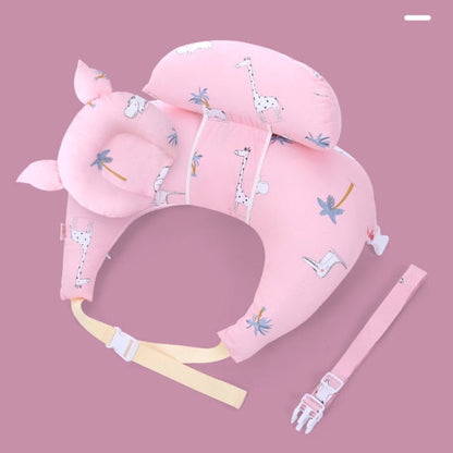 Ergonomic breast and bottle feeding pillow with plush headrest, designed for new mothers and babies