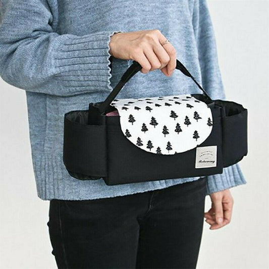 Multifunctional baby stroller organizer bag for essentials; portable oxford cloth diaper caddy.