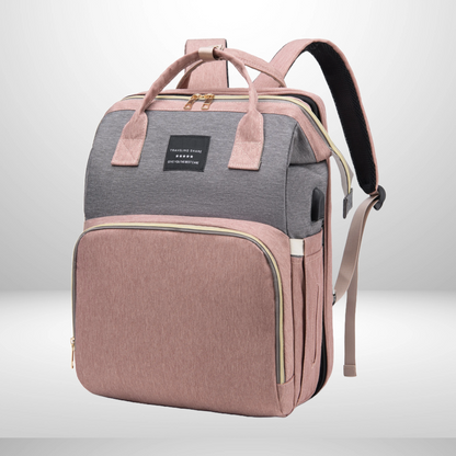 Multifunctional grey diaper bag backpack with integrated portable changing bed for baby travel convenience