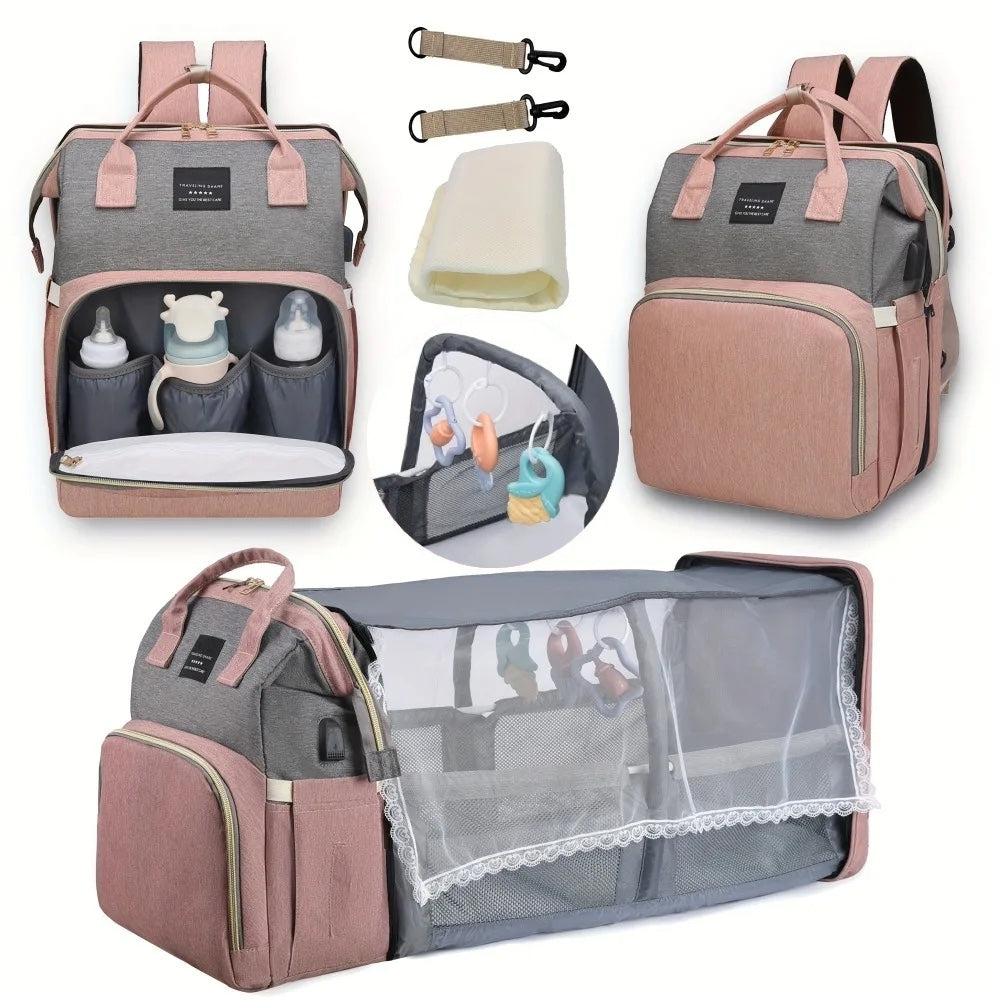 Multifunctional diaper bag in a nursery setting, displaying its use as both a bag and a changing station