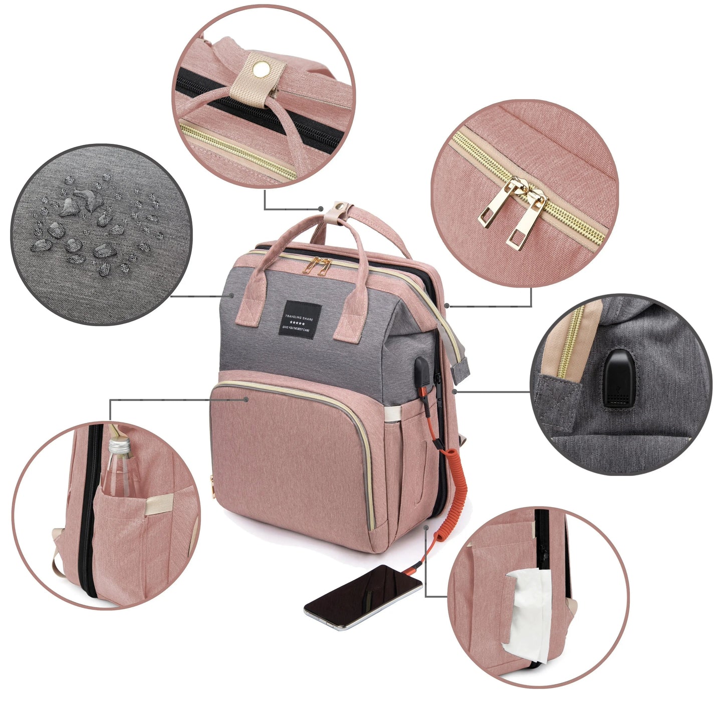Portable changing bed feature of the diaper bag, designed for safe and hygienic baby diaper changes anywhere