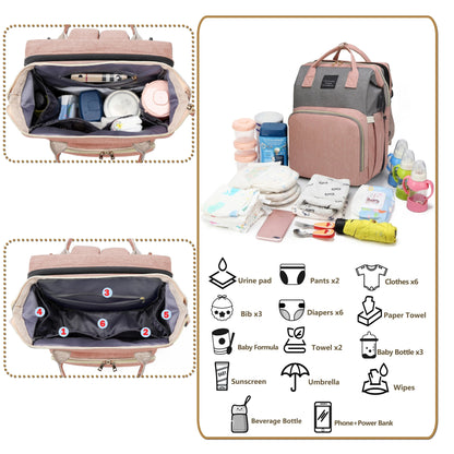 Diaper bag backpack with its portable baby bed, ideal for new parents seeking practical baby travel accessories