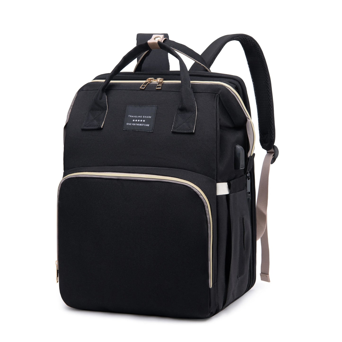 Foldable diaper bag backpack opening into a portable changing station, ideal for on-the-go parents
